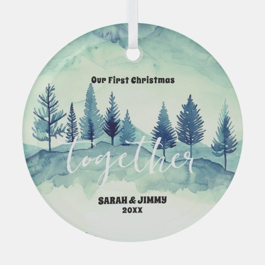 クリスマスグリーンマウンテンパインツリーアウトドアカップル ガラスオーナメント (正面)