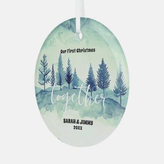 クリスマスグリーンマウンテンパインツリーアウトドアカップル ガラスオーナメント (正面左)