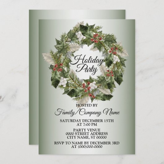 クリスマスグリーンリースエレガントホリデーズパーティー 招待状 (正面/裏面)