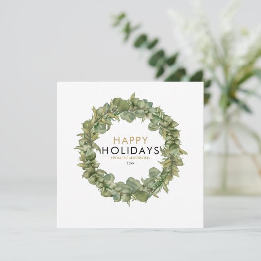 クリスマスグリーンリースエレガント写真モダン シーズンカード (スタンド正面)