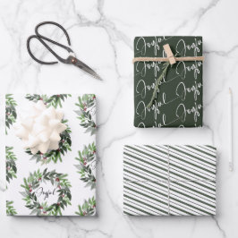 クリスマスグリーンリースジョイフルスクリプトホリデー ラッピングペーパーシート