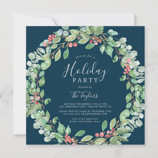 クリスマスグリーンリースネイビーホリデーパーティー 招待状 (正面)