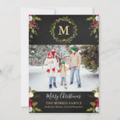 クリスマスグリーンリースモノグラム写真 シーズンカード (正面)