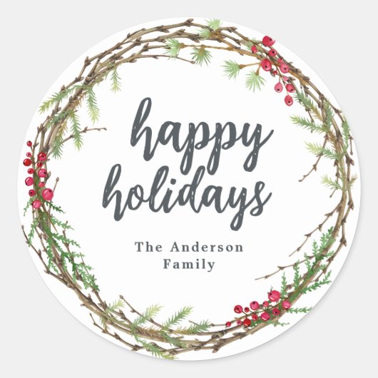 クリスマスグリーンリーハッピーホリデーズギフトラベル ラウンドシール (正面)