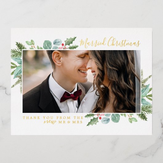 クリスマスグリーンリーフォイルクリスマス 箔シーズンポストカード (正面)