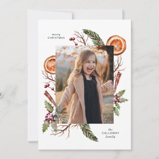 クリスマスグリーンリーフォトホリデーカード シーズンカード (正面)