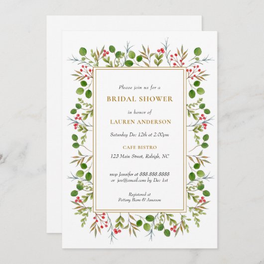 クリスマスグリーンリーブライダルシャワーへの招待 案内状 (正面/裏面)