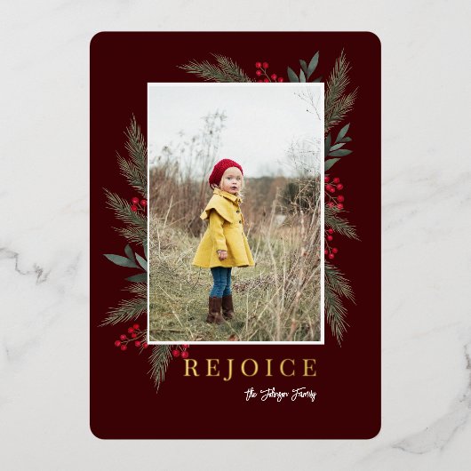 クリスマスグリーンリーベリーフレームの写真 箔シーズンカード (正面)