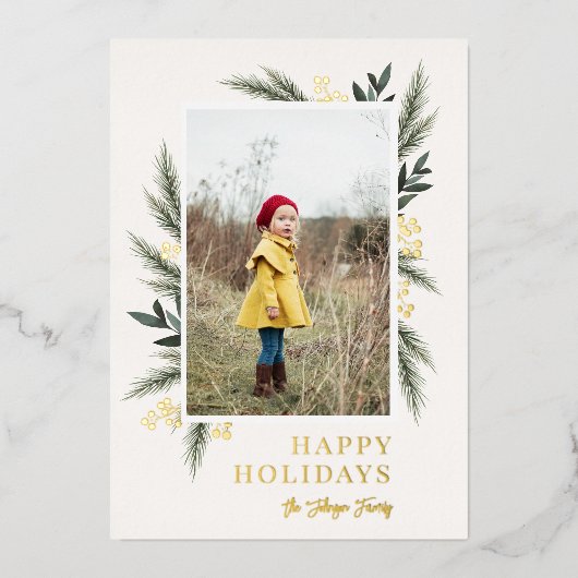 クリスマスグリーンリーベリーフレームの写真 箔シーズンカード (正面)