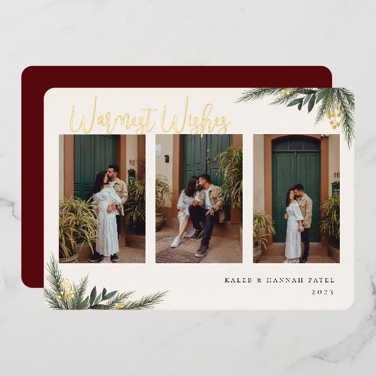 クリスマスグリーンリーベリーフレームフォトコラージュ 箔シーズンカード (正面/裏面)