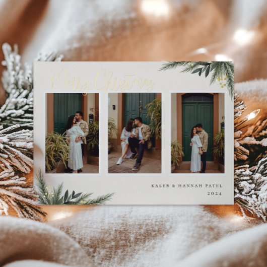 クリスマスグリーンリーベリーフレームフォトコラージュ 箔シーズンカード