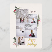 クリスマスグリーンリーベリーフレーム5写真 箔シーズンカード (正面)