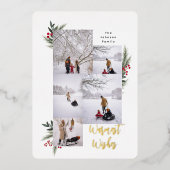 クリスマスグリーンリーベリーフレーム5写真 箔シーズンカード (正面)