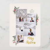 クリスマスグリーンリーベリーフレーム5写真 箔シーズンカード (正面)