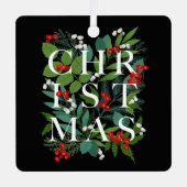 クリスマスグリーンリーベリーホリデーブラック メタルオーナメント (正面)
