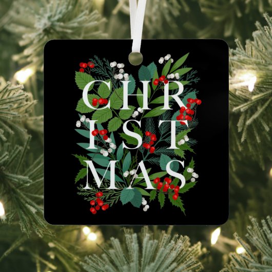 クリスマスグリーンリーベリーホリデーブラック メタルオーナメント (インサイチュ)