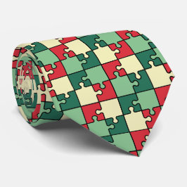 クリスマスグリーンレッドパズルピースモノグラム ネクタイ