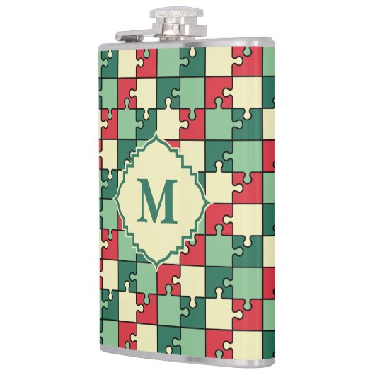 クリスマスグリーンレッド幾何学的パズルピースのパターン フラスク (左)
