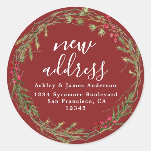 クリスマスグリーン引っ越しましたの新しい住所ラベル ラウンドシール (正面)