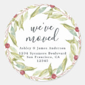 クリスマスグリーン引っ越しましたの新しい住所ラベル ラウンドシール (正面)