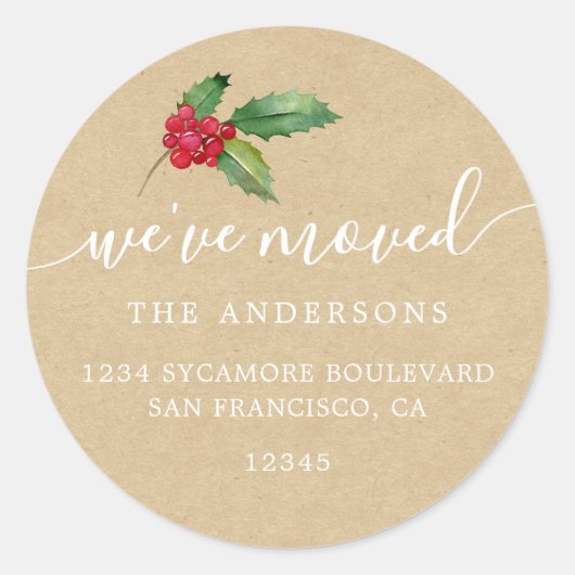 クリスマスグリーン引っ越しましたの新しい住所ラベル ラウンドシール (正面)