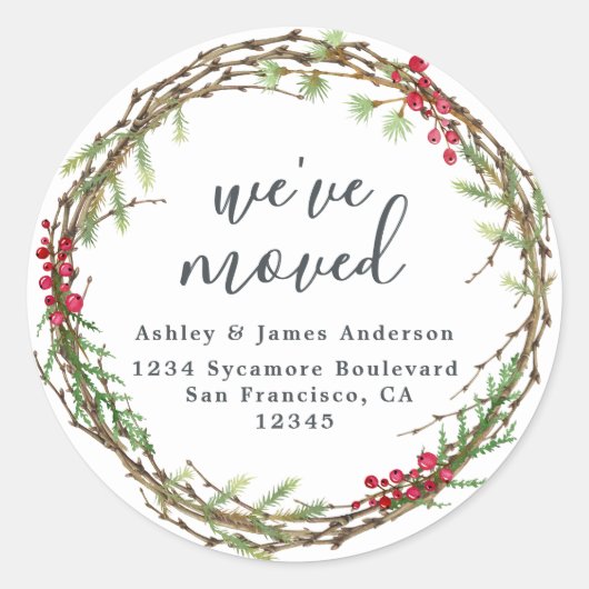 クリスマスグリーン引っ越しましたの新しい住所ラベル ラウンドシール (正面)