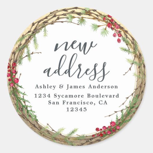 クリスマスグリーン引っ越しましたの新しい住所ラベル ラウンドシール (正面)