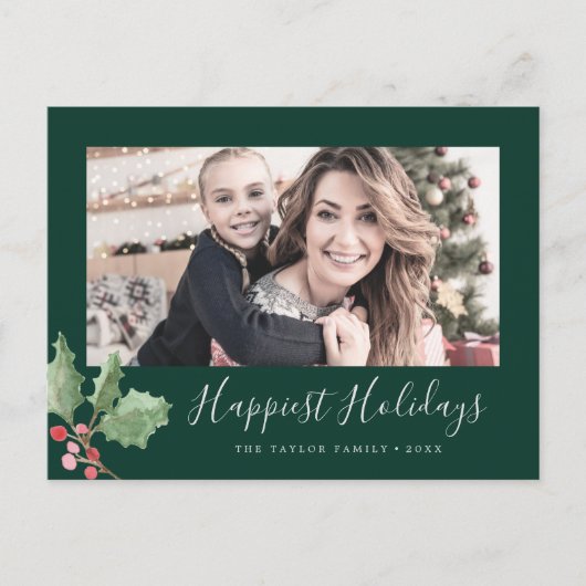 クリスマスグリーン最も幸せなホリデーズファミリーフォト シーズンポストカード (正面)