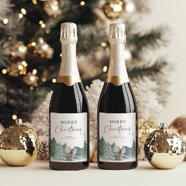 クリスマスグリーン水彩松林のホリデーシーズン ワインラベル