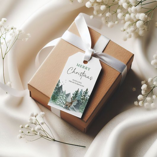 クリスマスグリーン水彩松林ホリデー ギフトタグ