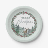 クリスマスグリーン水彩画 松林のホリデーシーズン ペーパープレート (正面)
