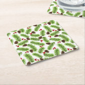 クリスマスグリーン葉パインズ、コーン&レッドベリー スクエアペーパーコースター (アングル)
