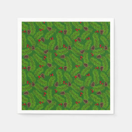 クリスマスグリーン葉パインズ、コーン&レッドベリー スタンダードカクテルナプキン