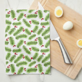 クリスマスグリーン葉パインズ&レッドベリーの白 キッチンタオル (四つ折り)