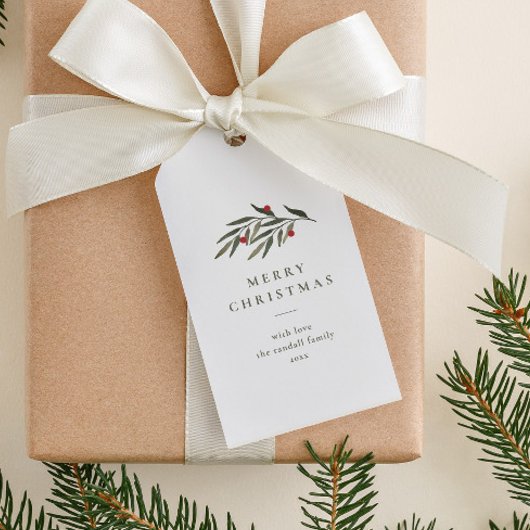 クリスマスグリーン葉リーミニマルタイポグラフィホワイト ギフトタグ