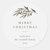 クリスマスグリーン葉リーミニマルタイポグラフィホワイト ラウンドシール (正面)