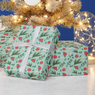 クリスマスグリーン赤フローラルパターン ラッピングペーパー