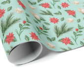 クリスマスグリーン赤フローラルパターン ラッピングペーパー (ロールコーナー)
