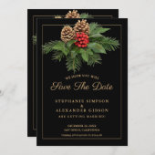 クリスマスグリーン金ゴールドオンブラックホリデー結婚ズ セーブザデート (正面/裏面)