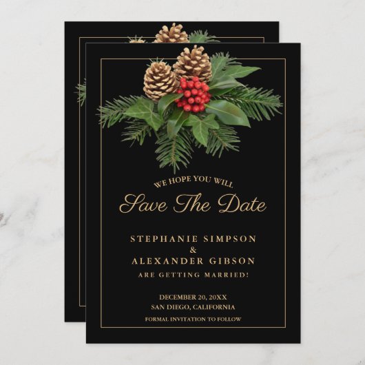 クリスマスグリーン金ゴールドオンブラックホリデー結婚ズ セーブザデート (正面/裏面)