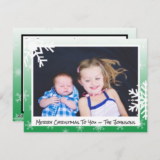 クリスマスグリーン雪片ファミリーフォトカード ポストカード (正面/裏面)