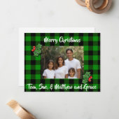 クリスマスグリーン黒い格子模様のホリー写真テンプレート ノートカード (正面/裏面インサイチュ)