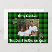 クリスマスグリーン黒い格子模様のホリー写真テンプレート ノートカード (正面/裏面)