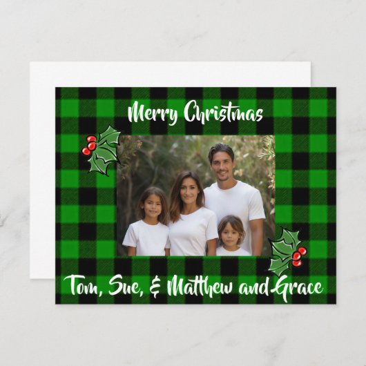クリスマスグリーン黒い格子模様のホリー写真テンプレート ノートカード (正面/裏面)
