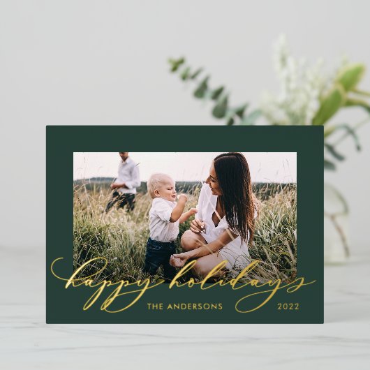 クリスマスグリーン1フォトボタニカルスクリプト 箔シーズンカード (立ち正面)