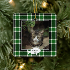 クリスマスグリーン・タータンチェック 猫 名前 オブジェ セラミックオーナメント