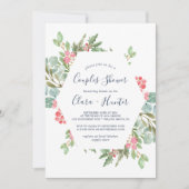 クリスマスグリーン&レッドベリーカップルのシャワー 招待状 (正面)