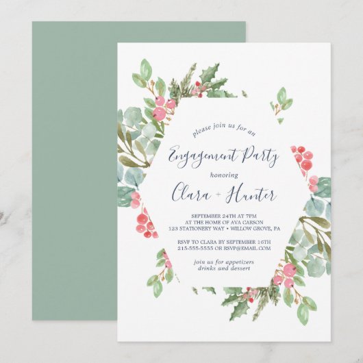 クリスマスグリーン&レッドベリー婚約パーティ 招待状 (正面/裏面)