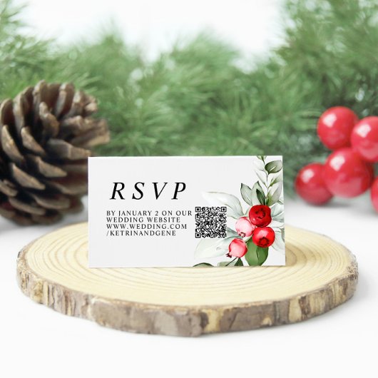 クリスマスグリーン&レッドベリー結婚ズのQR RSVP エンクロージャーカード