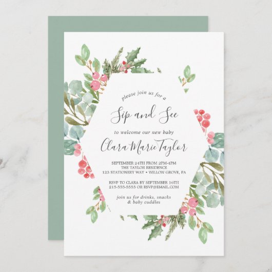 クリスマスグリーン&レッドベリーsipと参照 招待状 (正面/裏面)